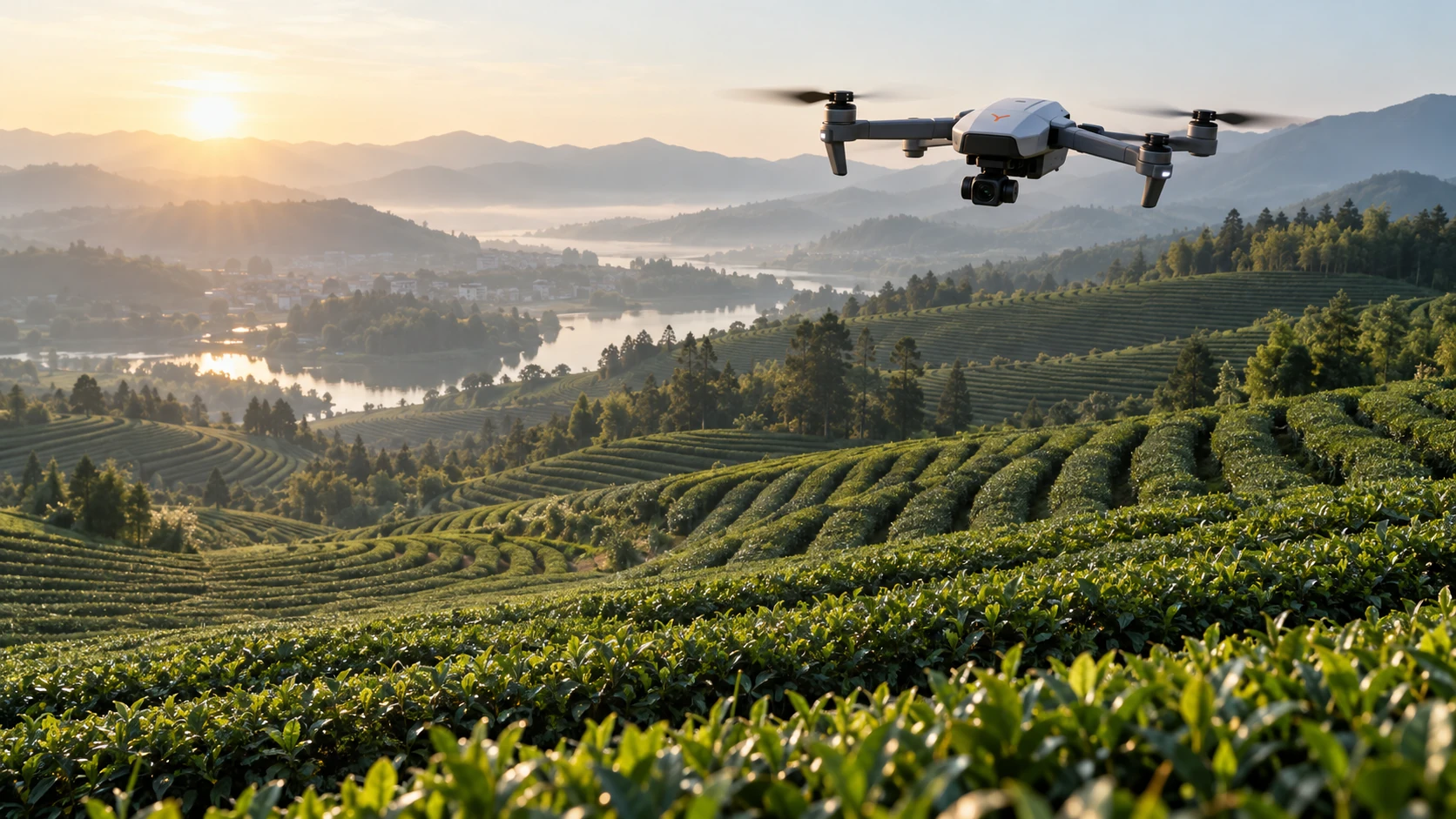 Survey drone above terraced agricultural fields, concept visualization