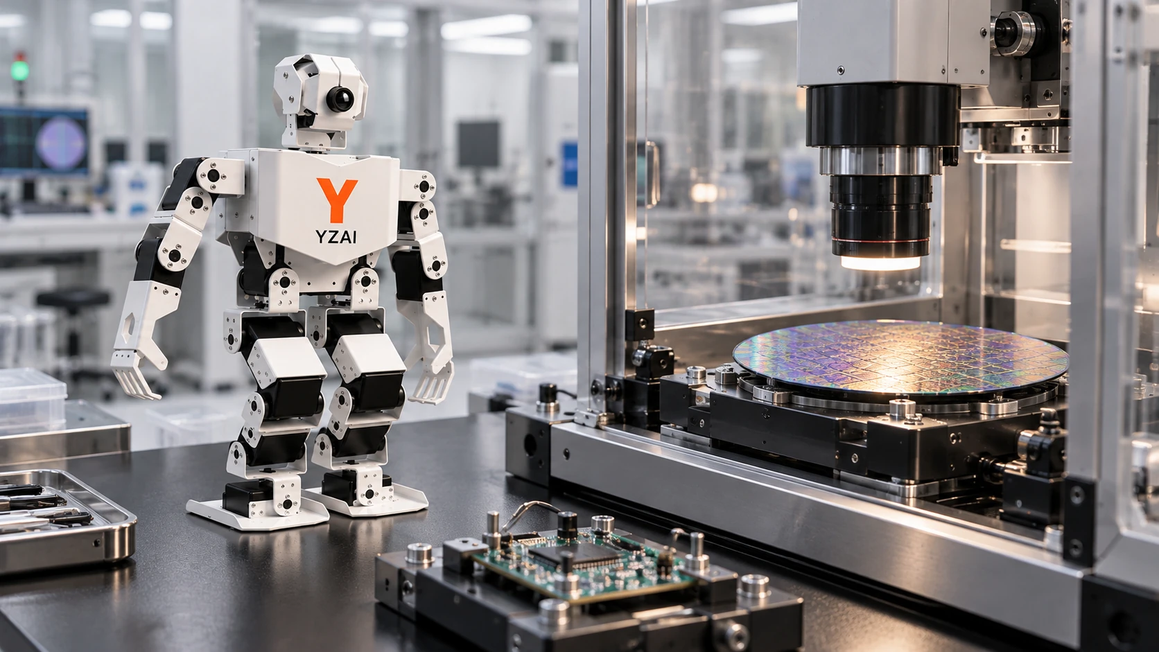 Zhuangzi robot beside a wafer inspection system, concept visualization