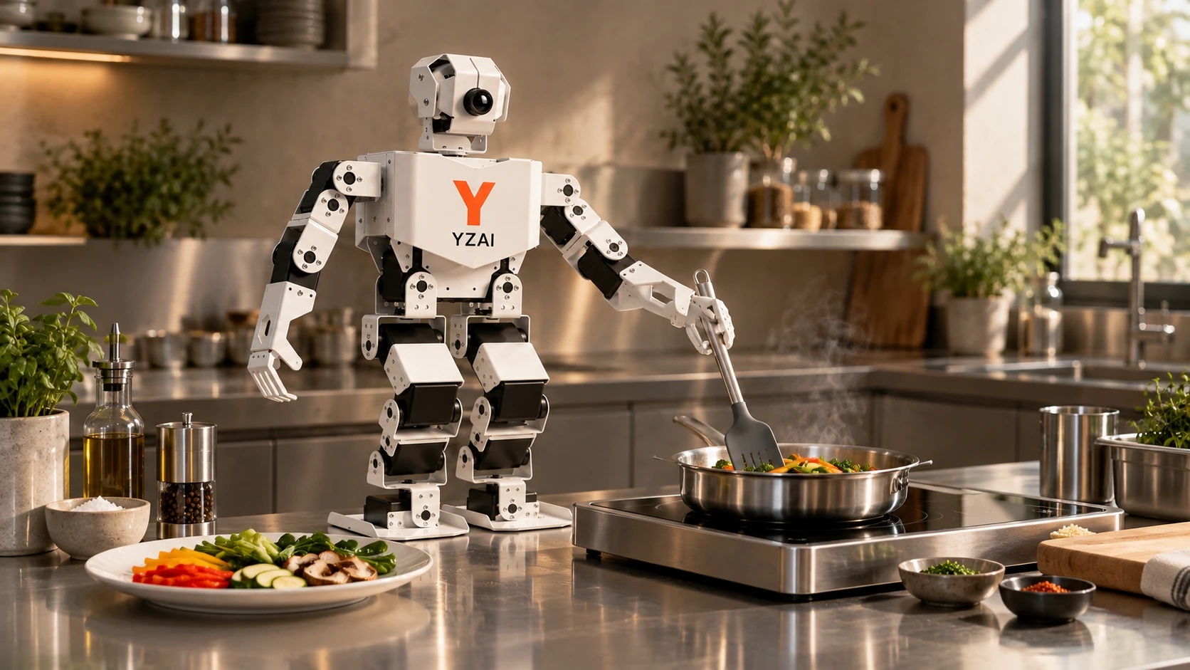 YZAI robot with a cooking utensil in a kitchen, concept visualization